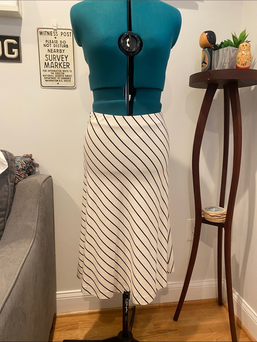 Ann Taylor Cream Midi Skirt with Black Diagonal Stripes